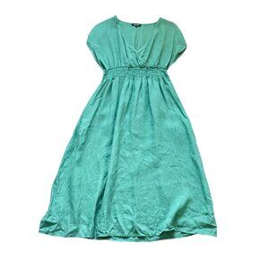 Magari Short Sleeves Smocked V-Neck Wrap Midi Dress Women's Size Large Green